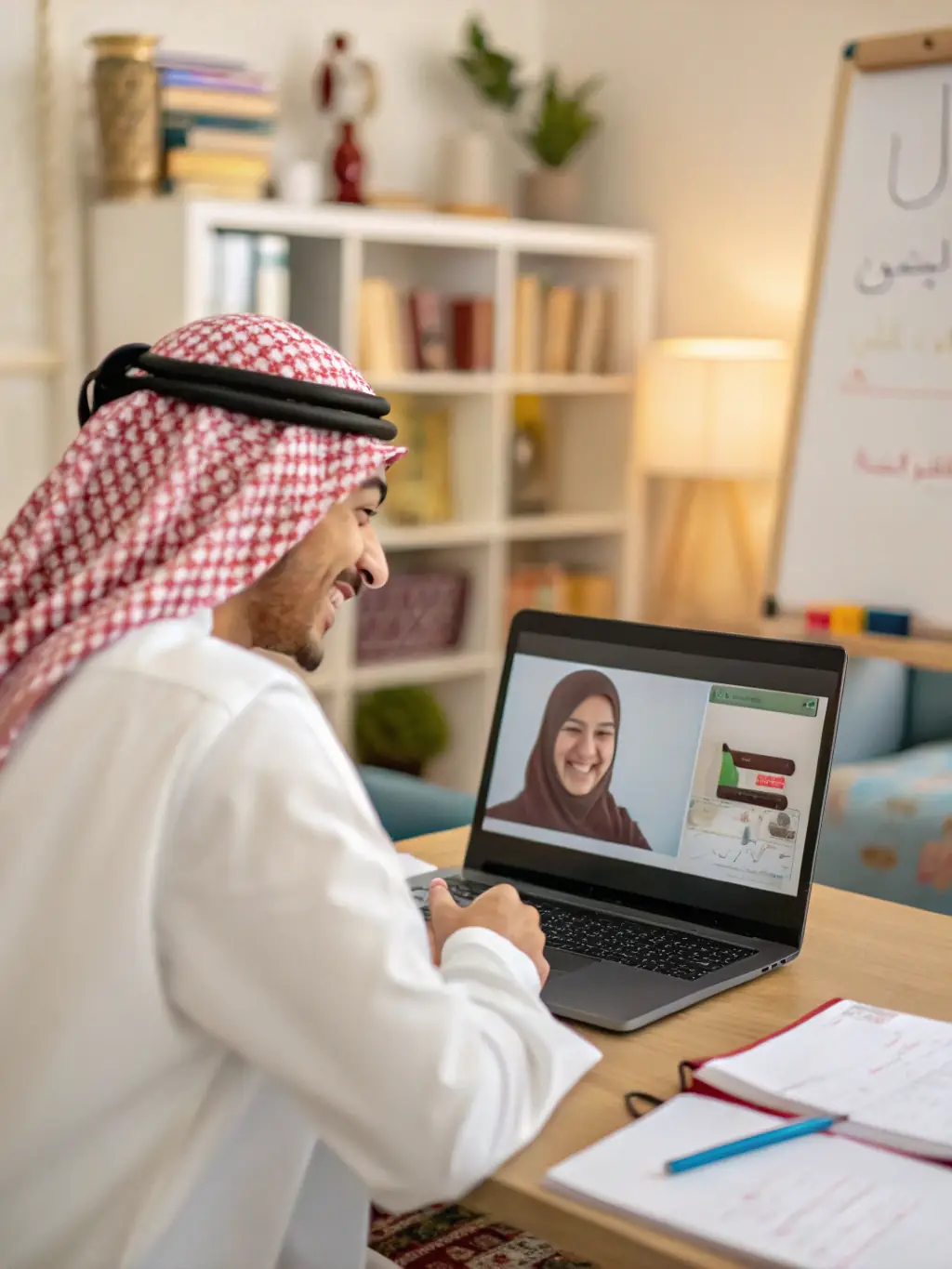 A Saudi student happily interacting with a French instructor during an online lesson, showcasing personalized learning.