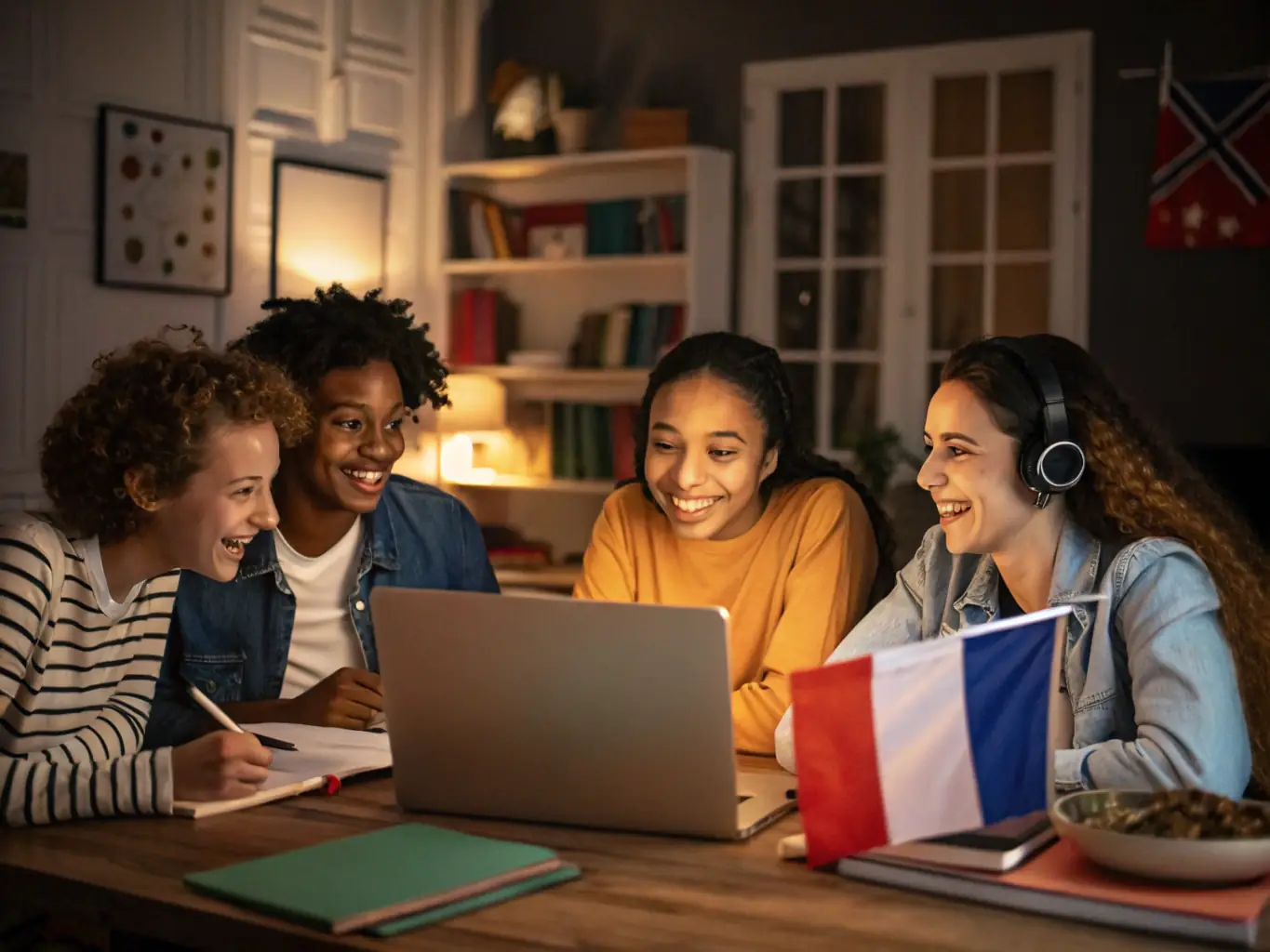 An image depicting an intermediate French class, with students participating in a virtual discussion about French culture and traditions, using online tools and resources.