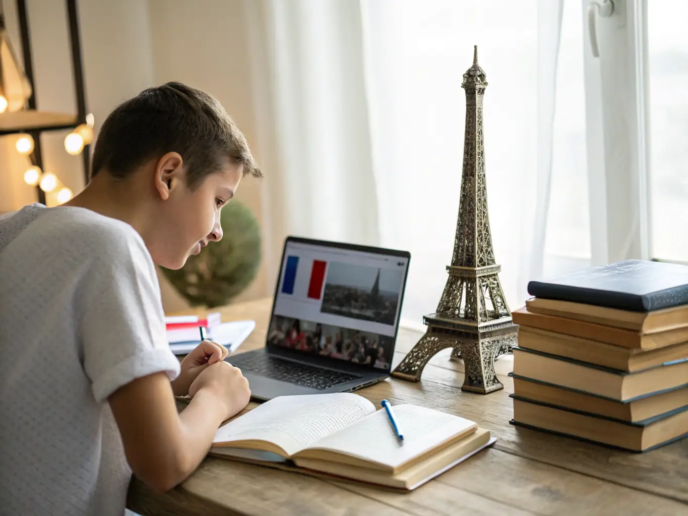 A Saudi student learning French online with a native French instructor, focusing on pronunciation and grammar, with culturally relevant examples.